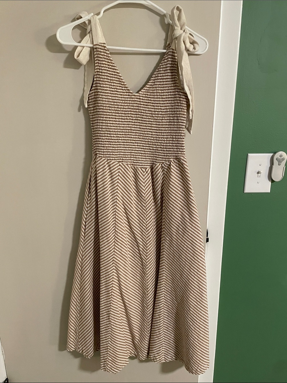Women’s Beige Striped Tie-Shoulder Dress